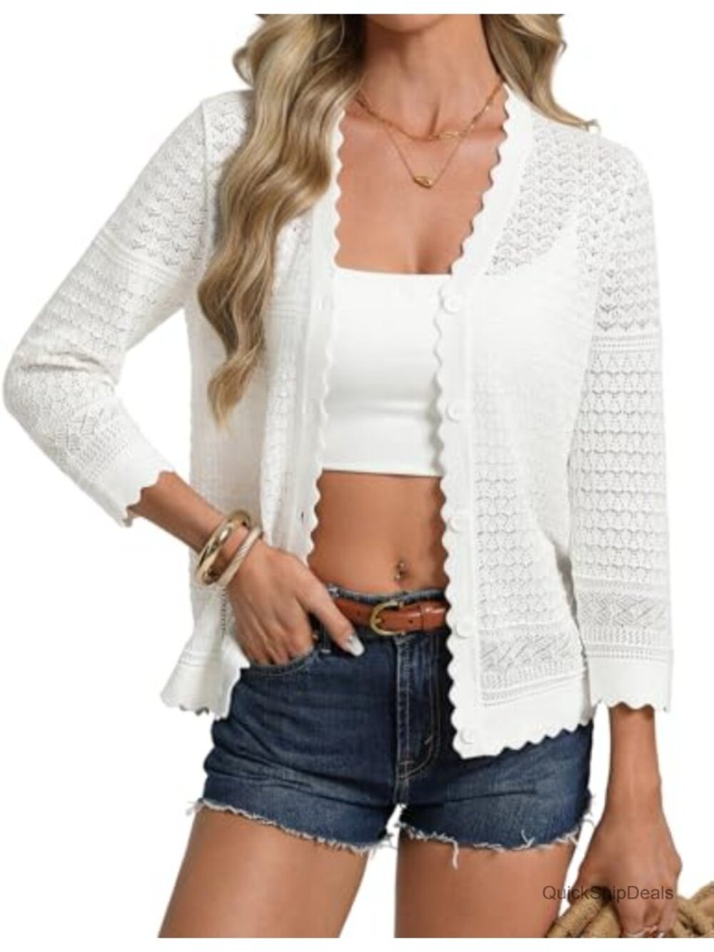 Womens 3/4 Sleeve Lightweight Crochet Shrug Cardigan Open Front Knit